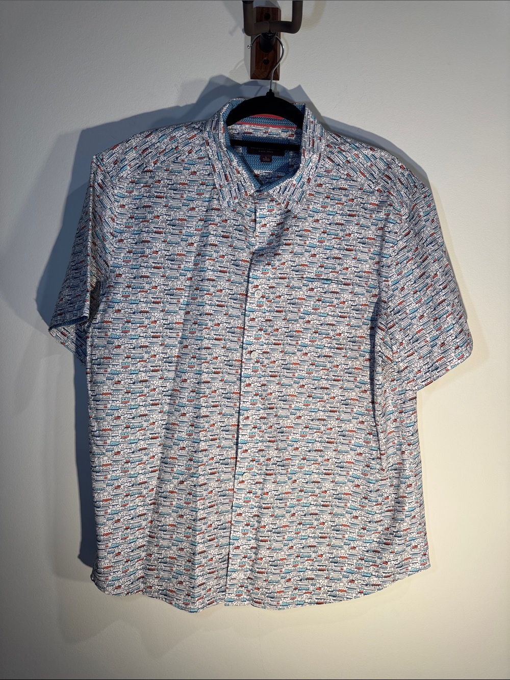 Men's Short-Sleeve Button-Up Shirt in White with Blue & Red Print
